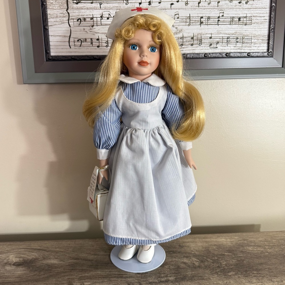 Vintage Morning International 18” Porcelain Doll Nurse Crystal Blue Eyes Blonde